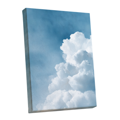 Skyward Billows, blue, white, gray nature wall art shown as a stretched canvas wall art