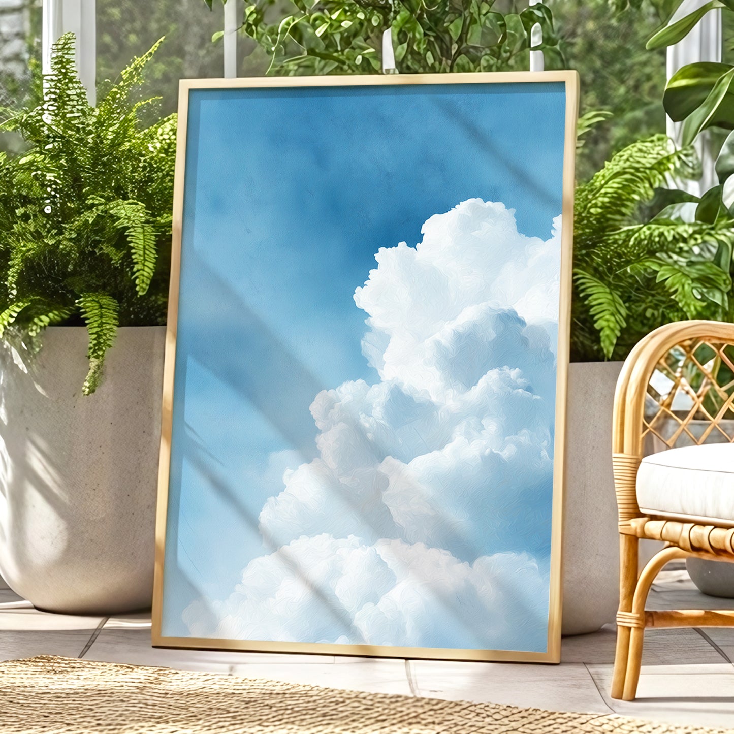 Skyward Billows, blue, white, gray nature wall art displayed in a styled interior, gallery view 2