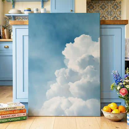 Skyward Billows, blue, white, gray nature wall art displayed in a styled interior, gallery view 3