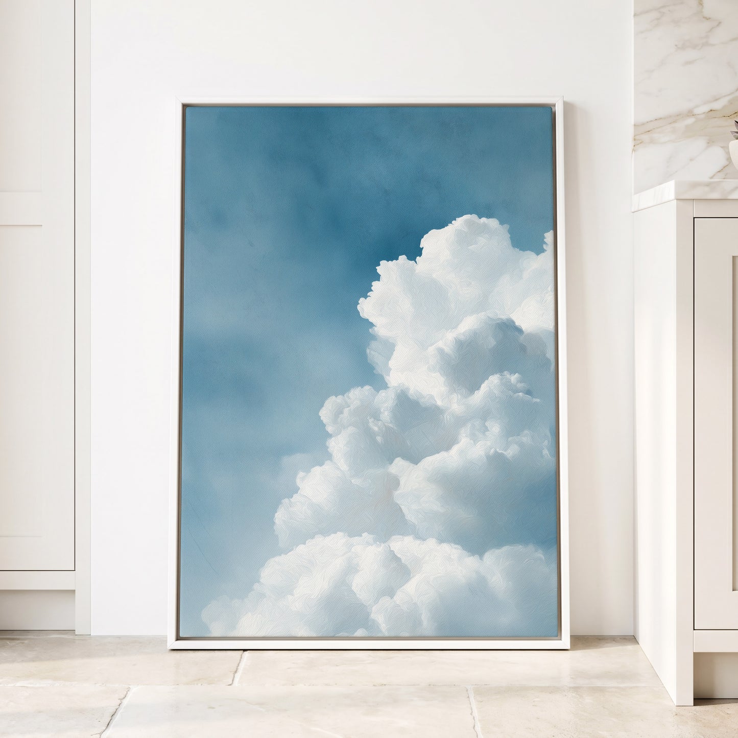 Skyward Billows, blue, white, gray nature wall art displayed in a styled interior, gallery view 4