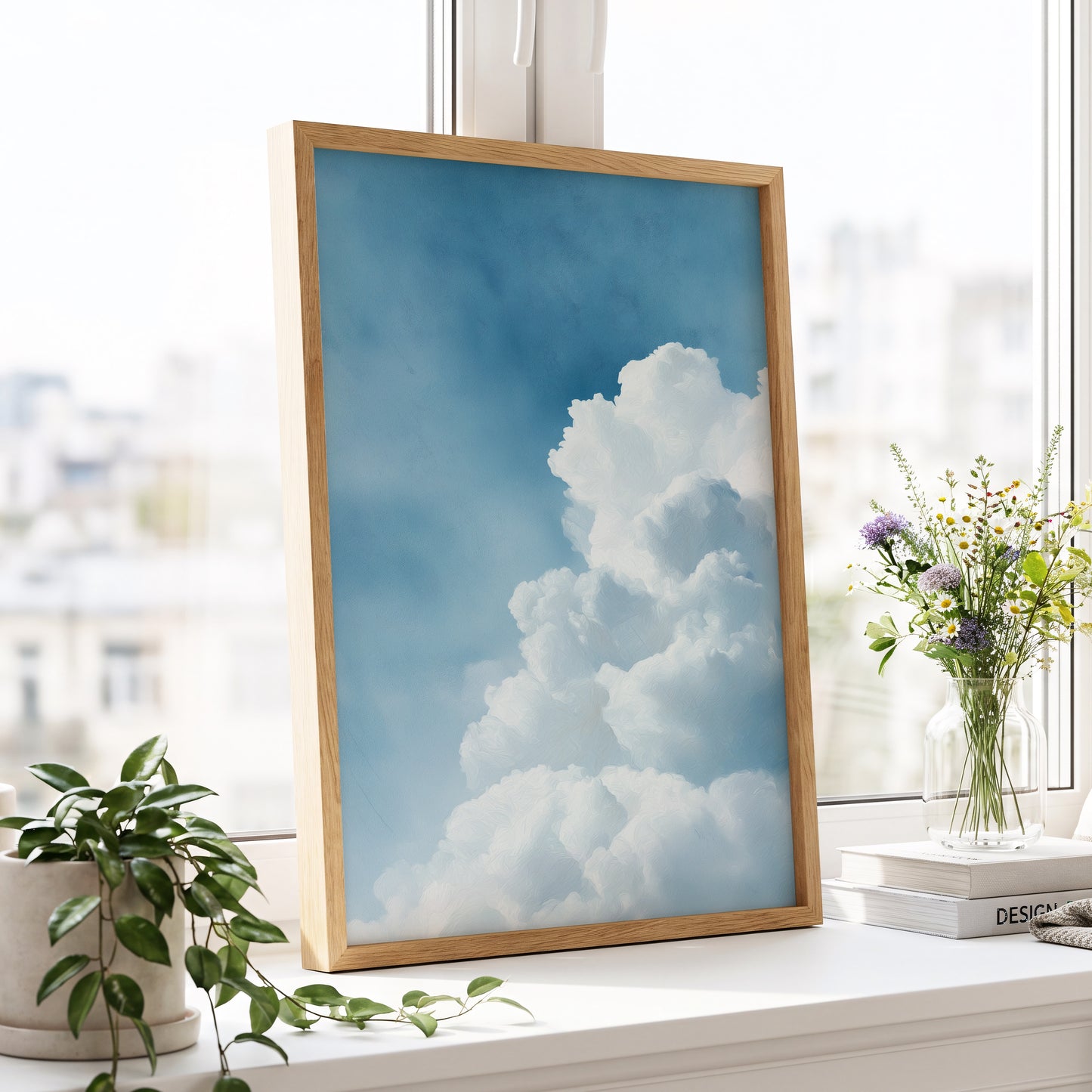 Skyward Billows, blue, white, gray nature wall art displayed in a styled interior, gallery view 6