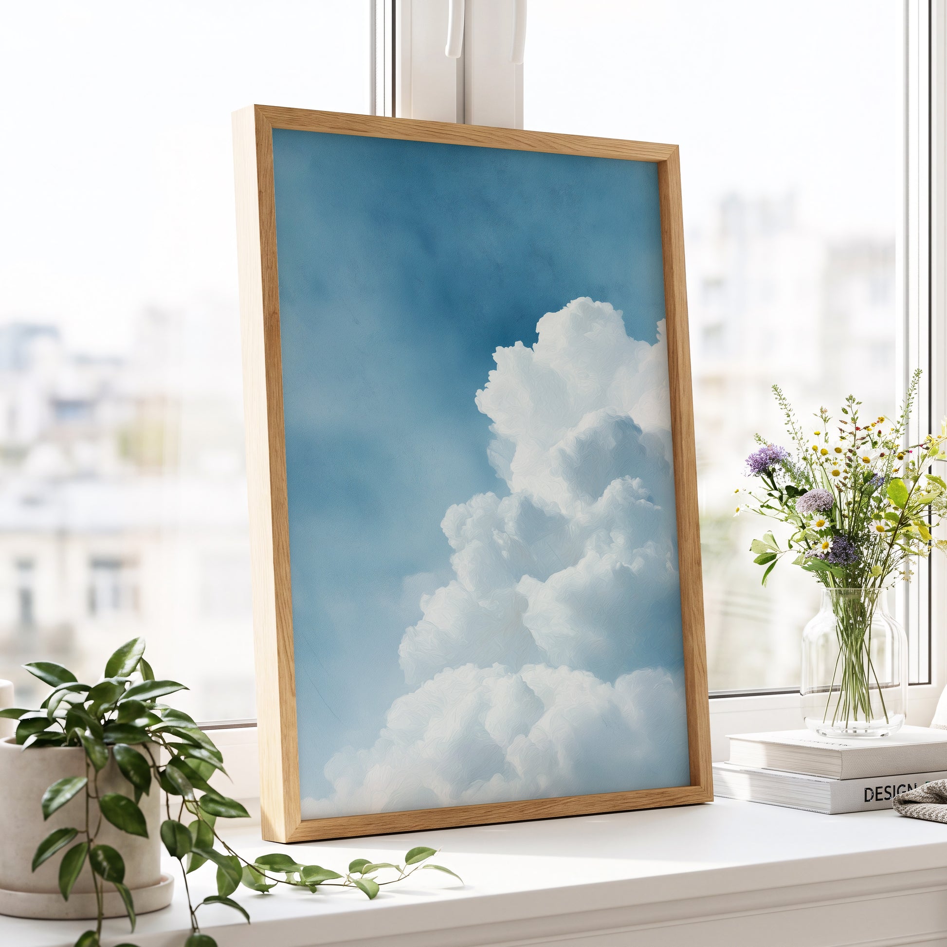 Skyward Billows, blue, white, gray nature wall art displayed in a styled interior, gallery view 6