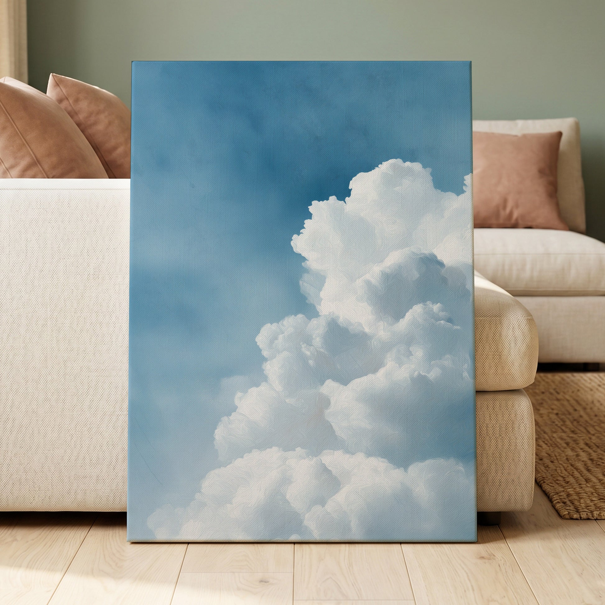 Skyward Billows, blue, white, gray nature wall art displayed in a styled interior, gallery view 7