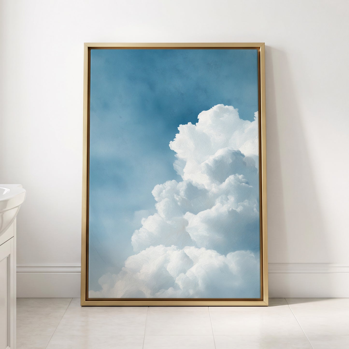Skyward Billows, blue, white, gray nature wall art displayed in a styled interior, gallery view 8