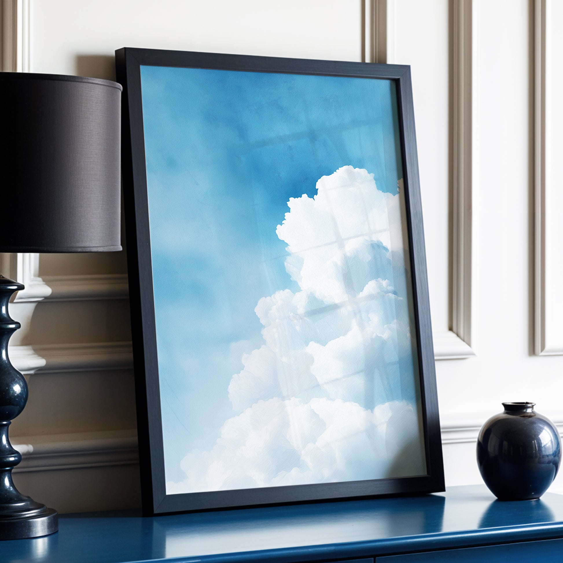 Skyward Billows, blue, white, gray nature wall art displayed in a styled interior, gallery view 9