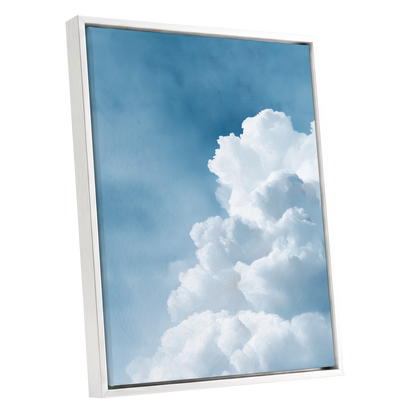 Skyward Billows, blue, white, gray nature wall art shown as a white framed canvas wall art