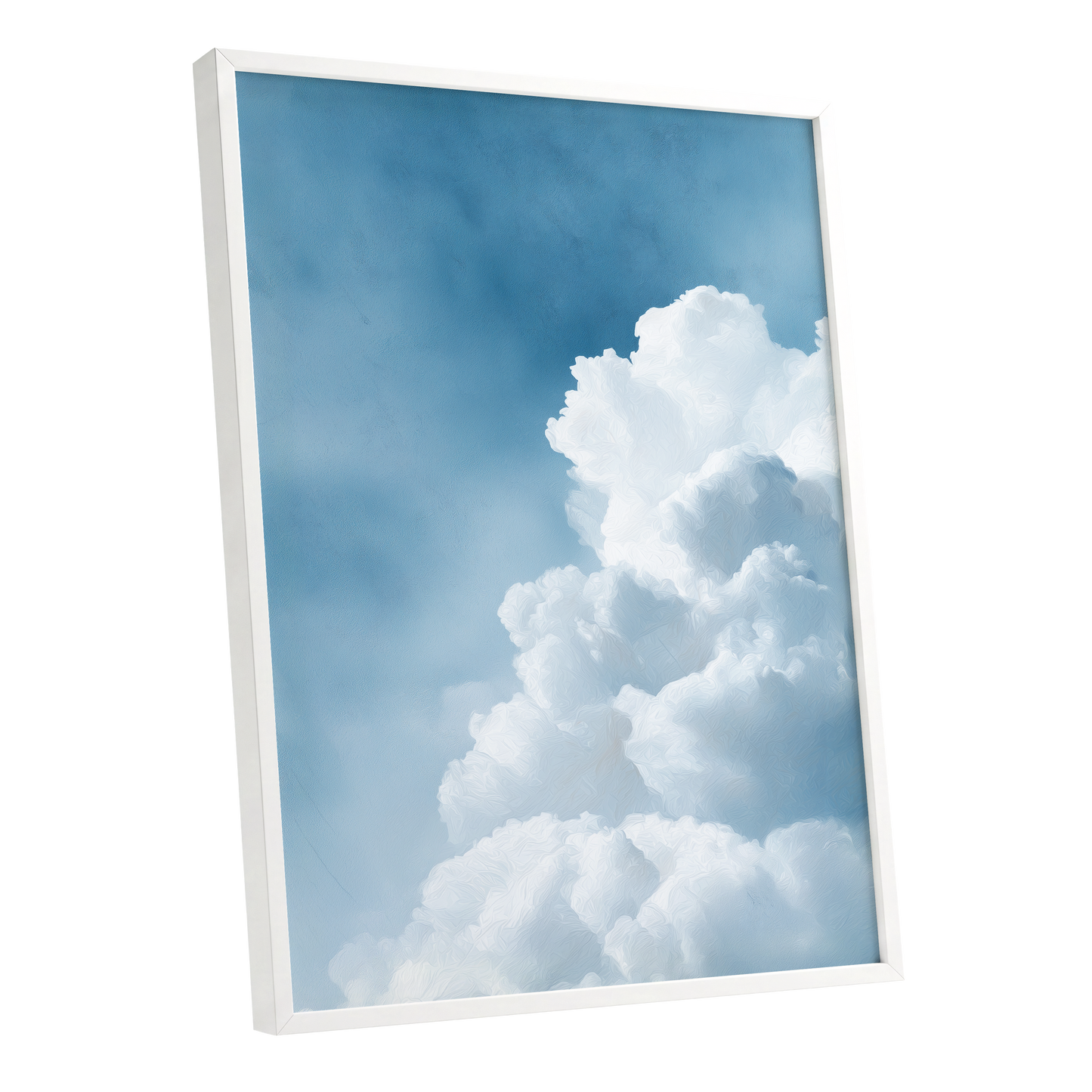 Skyward Billows, blue, white, gray nature wall art shown as a white framed poster wall art print