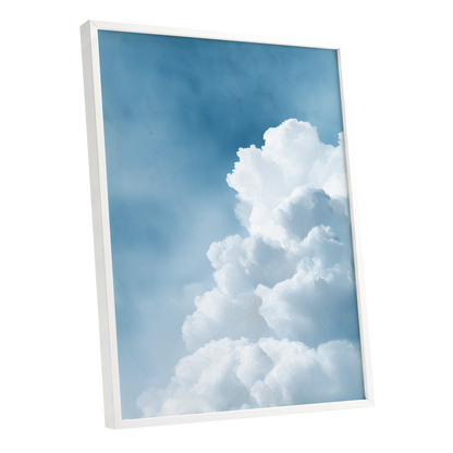 Skyward Billows, blue, white, gray nature wall art shown as a white framed poster wall art print