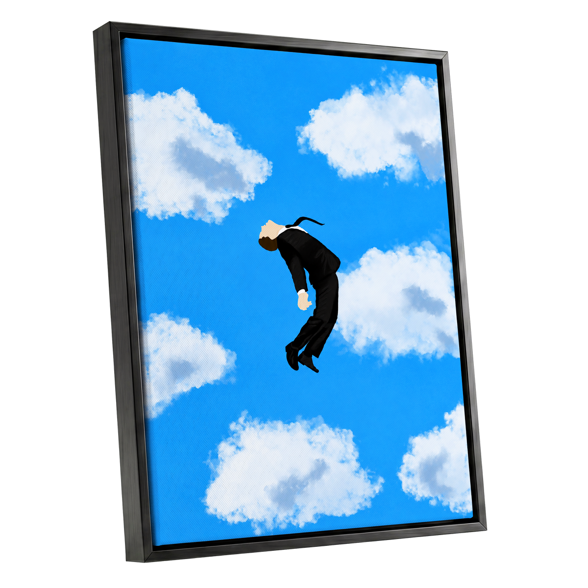 Skyward Drift, blue, white, black minimalist wall art shown as a black framed canvas wall art