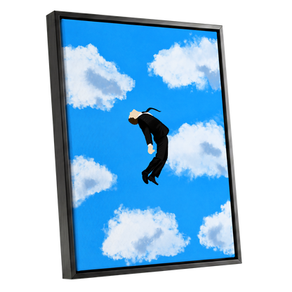 Skyward Drift, blue, white, black minimalist wall art shown as a black framed canvas wall art