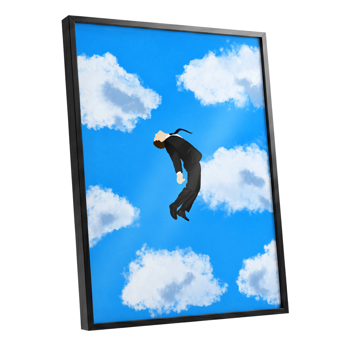Skyward Drift, blue, white, black minimalist wall art shown as a black framed poster wall art print