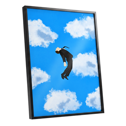 Skyward Drift, blue, white, black minimalist wall art shown as a black framed poster wall art print