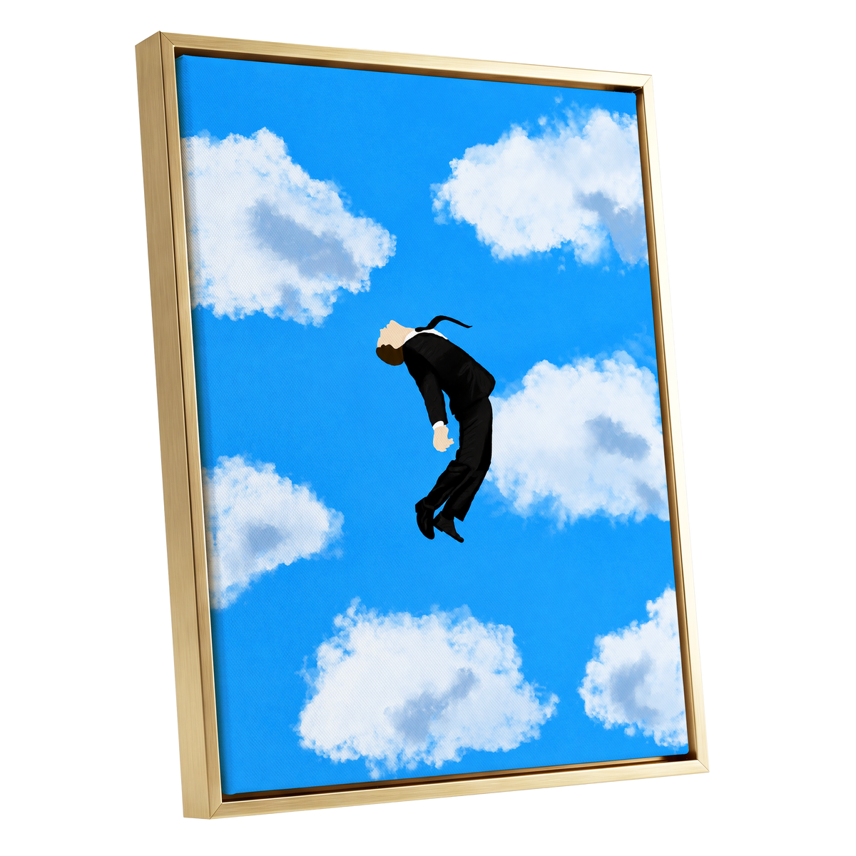 Skyward Drift, blue, white, black minimalist wall art shown as a gold framed canvas wall art
