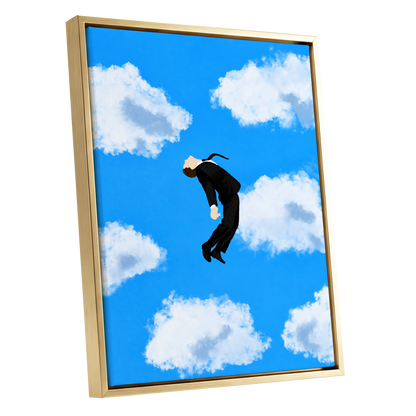 Skyward Drift, blue, white, black minimalist wall art shown as a gold framed canvas wall art