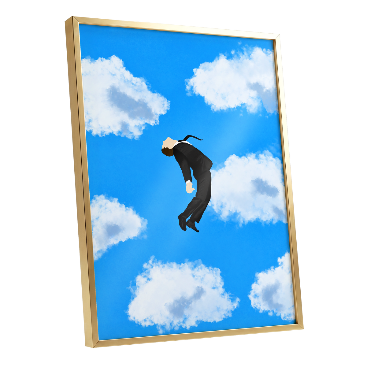 Skyward Drift, blue, white, black minimalist wall art shown as a gold framed poster wall art print