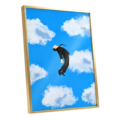 Skyward Drift, blue, white, black minimalist wall art shown as a gold framed poster wall art print