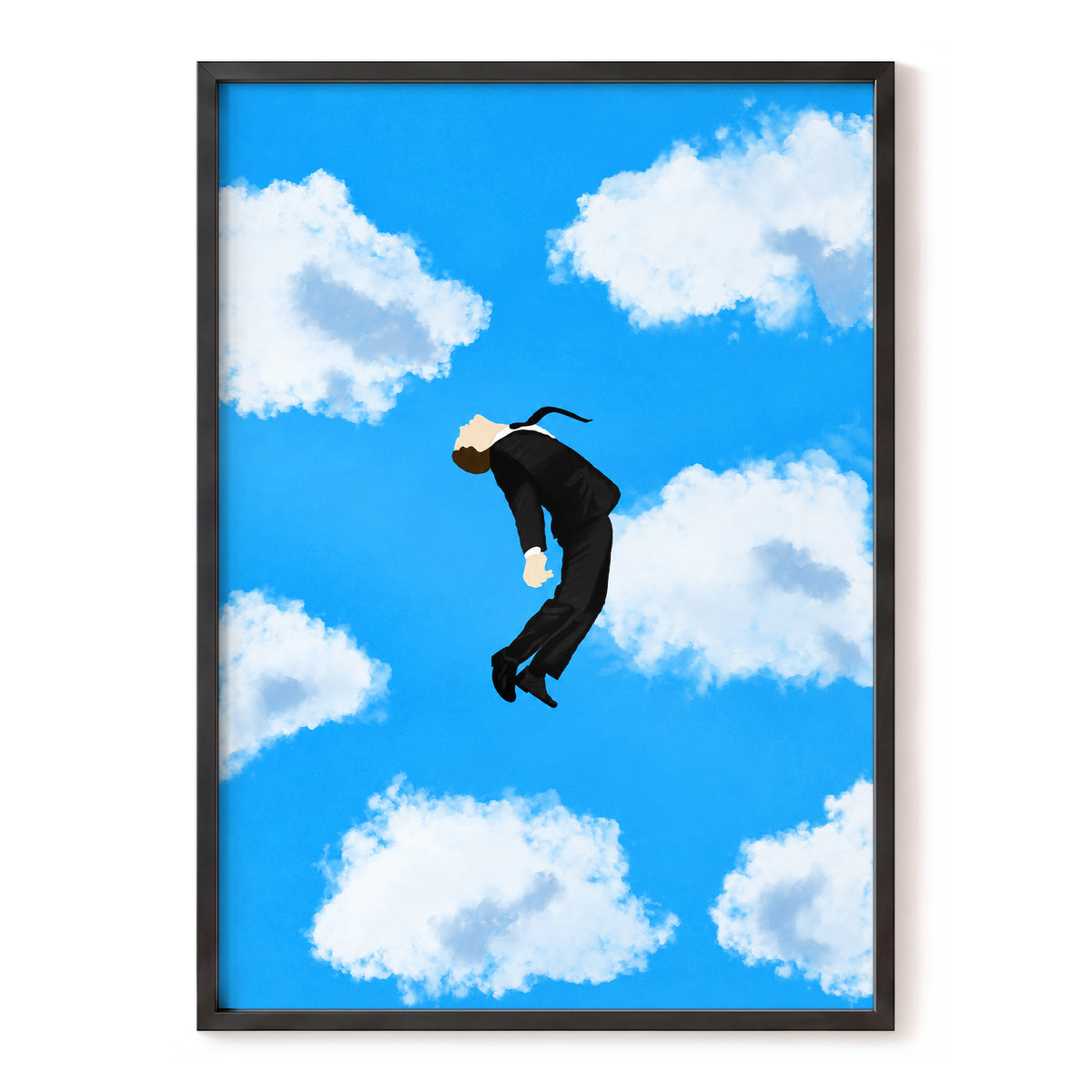 Skyward Drift, blue, white, black minimalist wall art, front artwork view