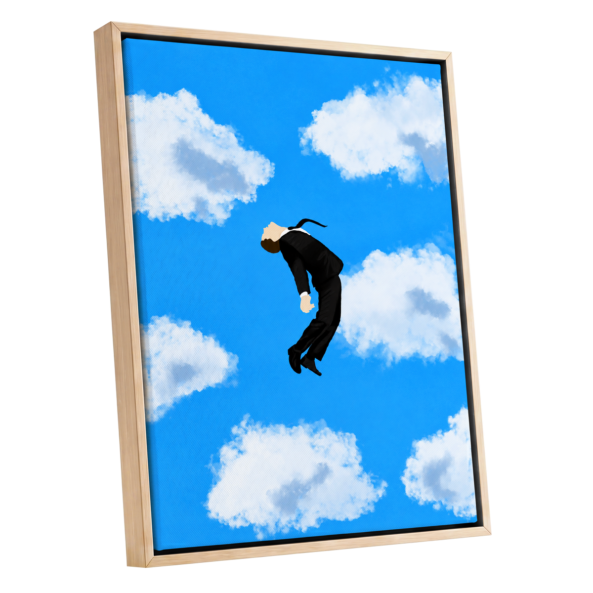 Skyward Drift, blue, white, black minimalist wall art shown as a oak framed canvas wall art
