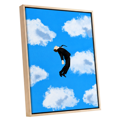 Skyward Drift, blue, white, black minimalist wall art shown as a oak framed canvas wall art