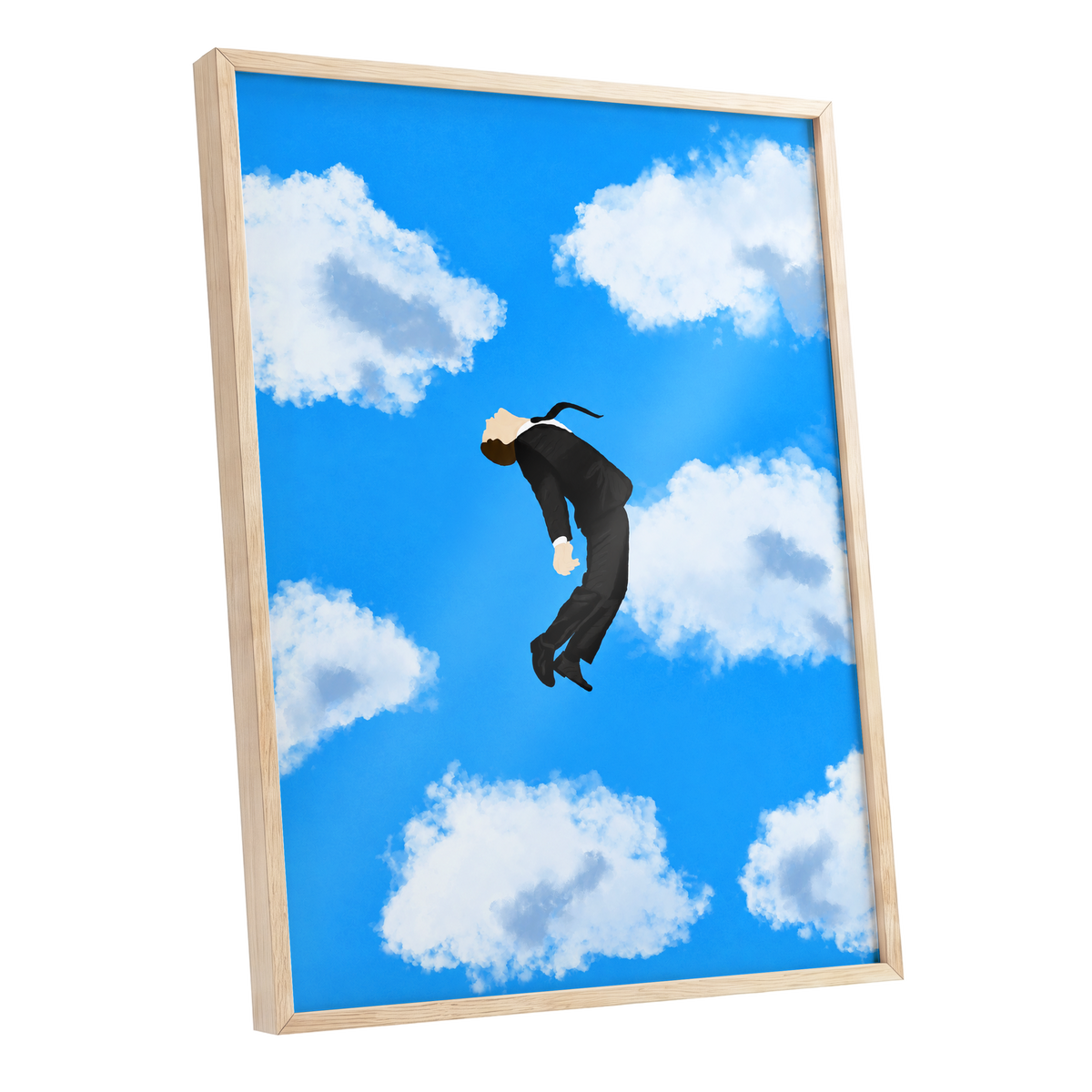 Skyward Drift, blue, white, black minimalist wall art shown as a oak framed poster wall art print