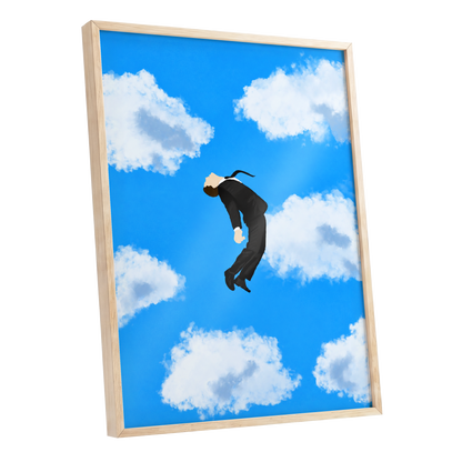 Skyward Drift, blue, white, black minimalist wall art shown as a oak framed poster wall art print
