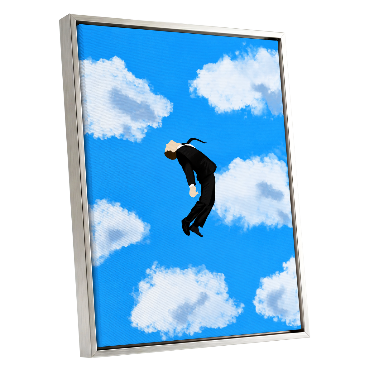 Skyward Drift, blue, white, black minimalist wall art shown as a silver framed canvas wall art