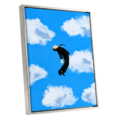 Skyward Drift, blue, white, black minimalist wall art shown as a silver framed canvas wall art