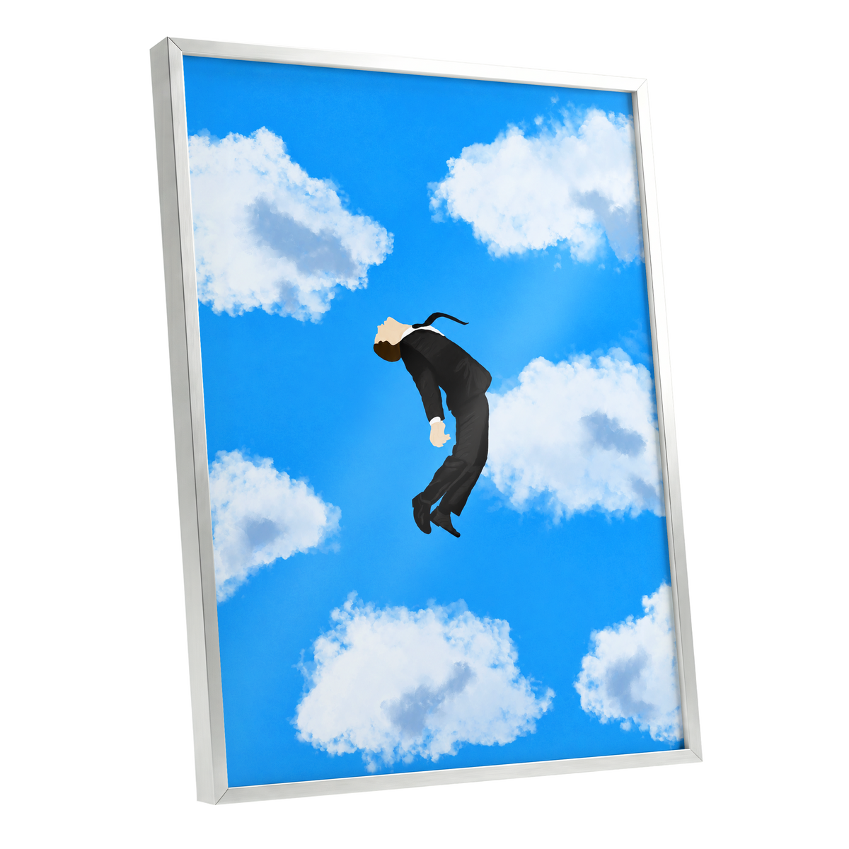 Skyward Drift, blue, white, black minimalist wall art shown as a silver framed poster wall art print