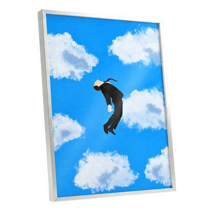Skyward Drift, blue, white, black minimalist wall art shown as a silver framed poster wall art print