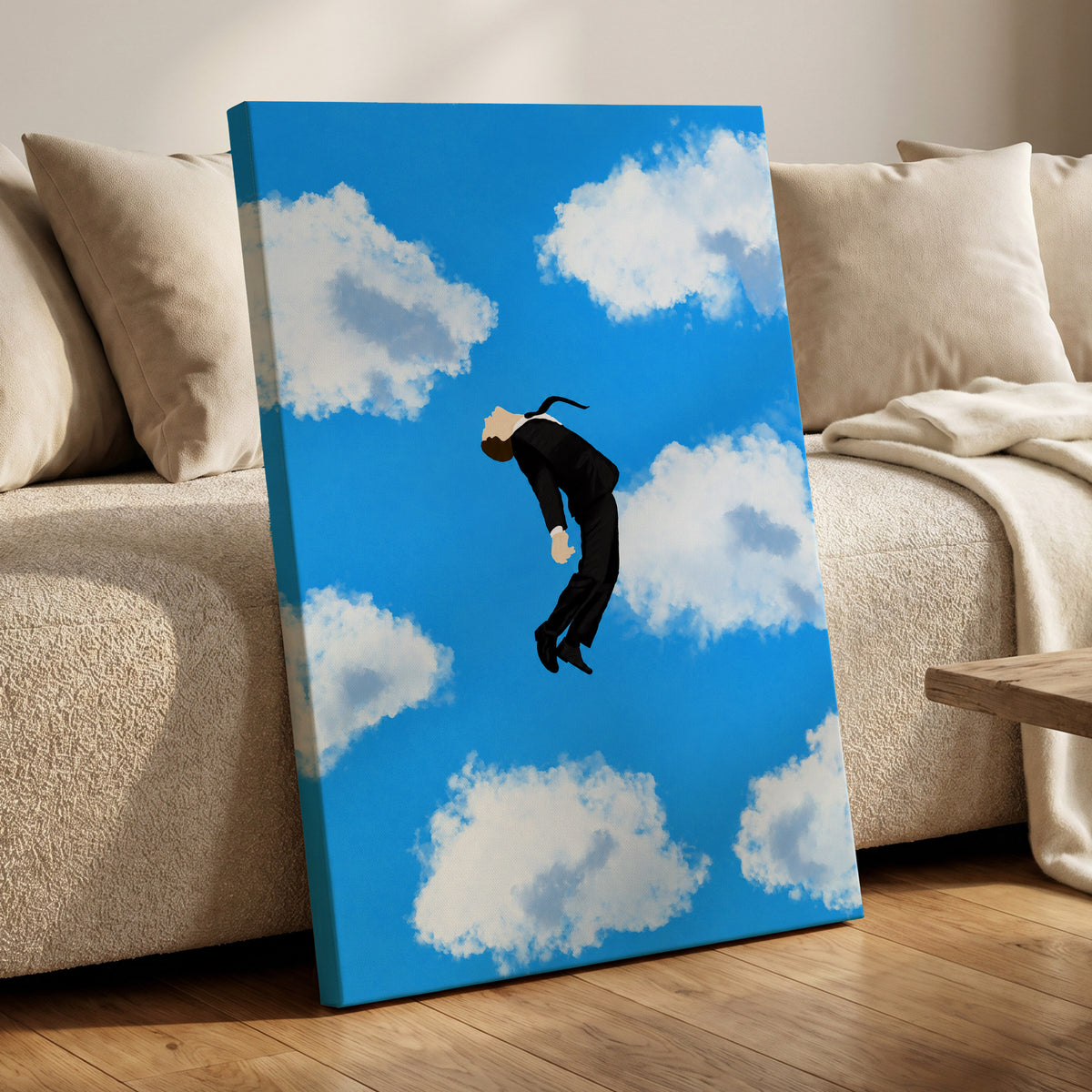 Skyward Drift, blue, white, black minimalist wall art displayed in a styled interior, gallery view 3