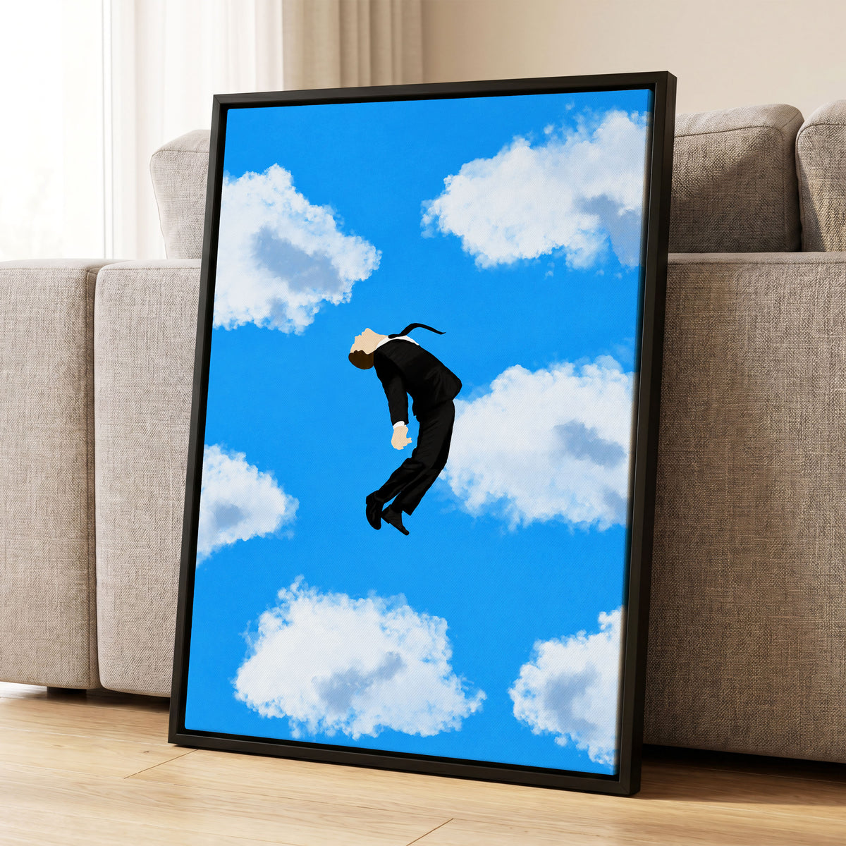 Skyward Drift, blue, white, black minimalist wall art displayed in a styled interior, gallery view 4