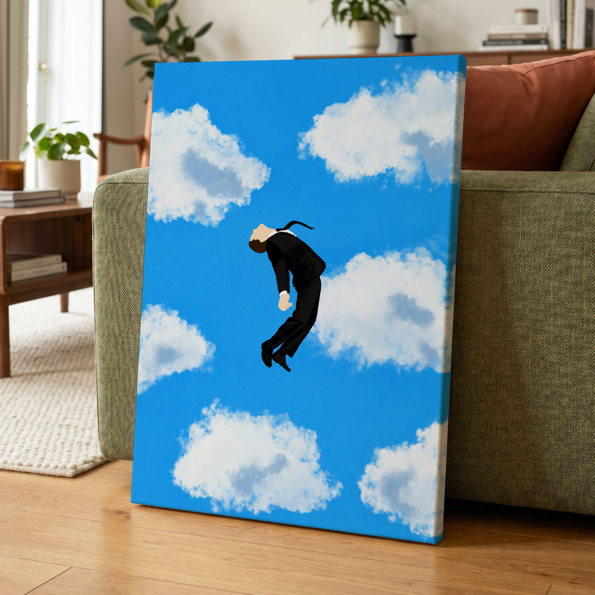 Skyward Drift, blue, white, black minimalist wall art displayed in a styled interior, gallery view 7