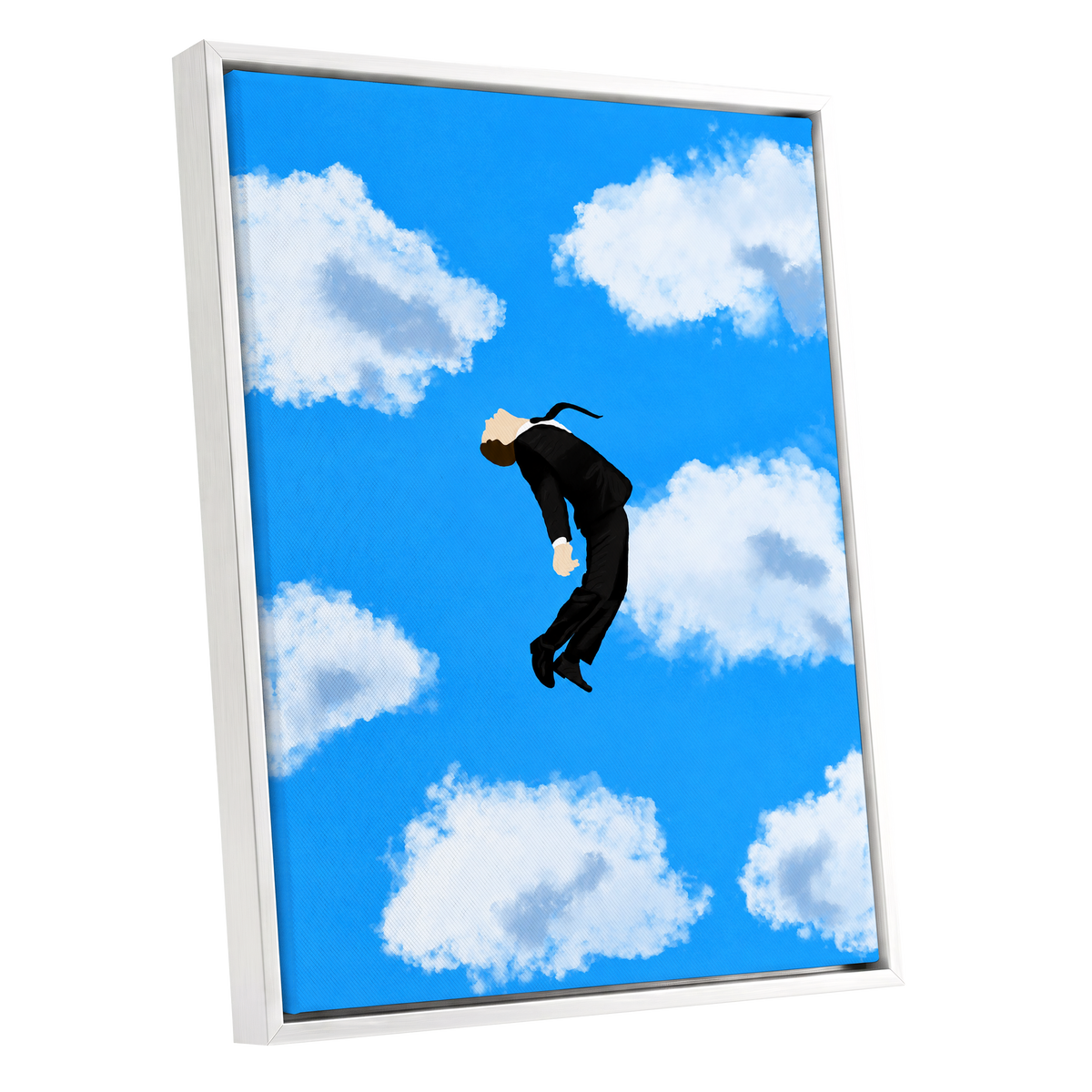 Skyward Drift, blue, white, black minimalist wall art shown as a white framed canvas wall art