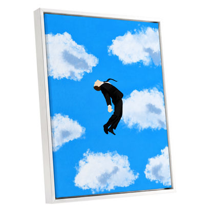 Skyward Drift, blue, white, black minimalist wall art shown as a white framed canvas wall art