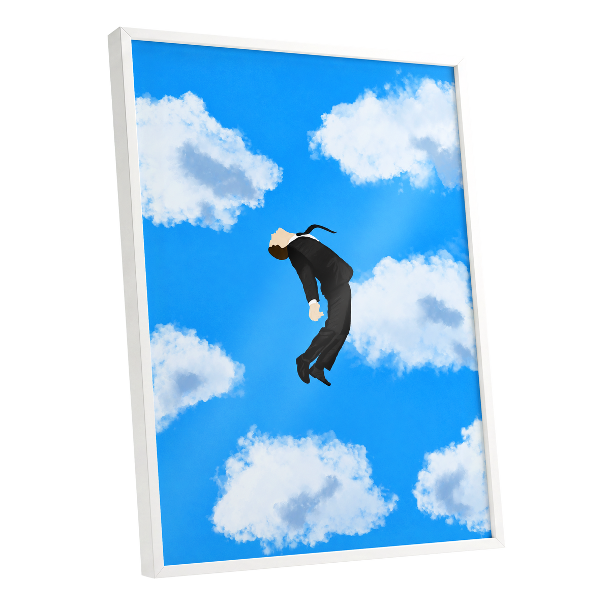 Skyward Drift, blue, white, black minimalist wall art shown as a white framed poster wall art print