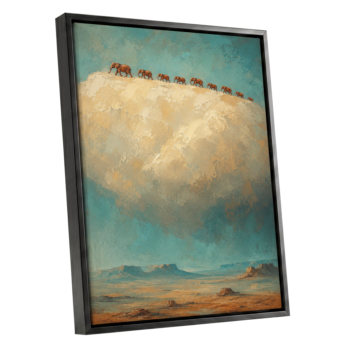 Skyward Procession, blue, beige, brown nature wall art shown as a black framed canvas wall art