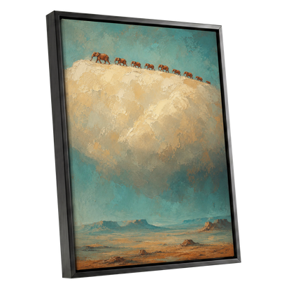 Skyward Procession, blue, beige, brown nature wall art shown as a black framed canvas wall art