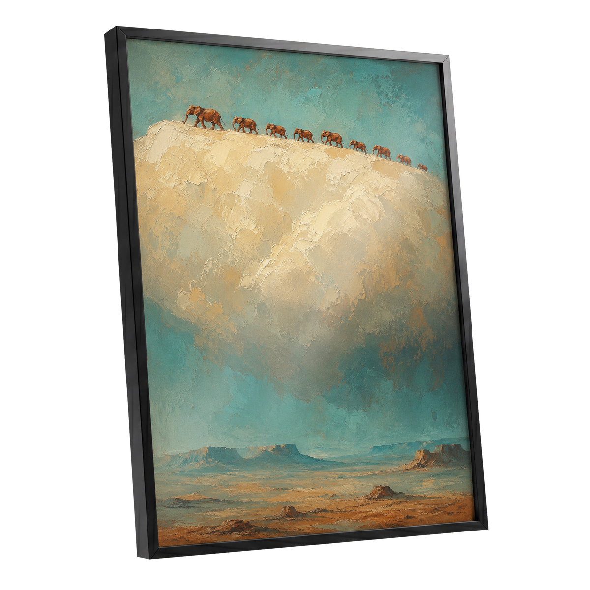 Skyward Procession, blue, beige, brown nature wall art shown as a black framed poster wall art print