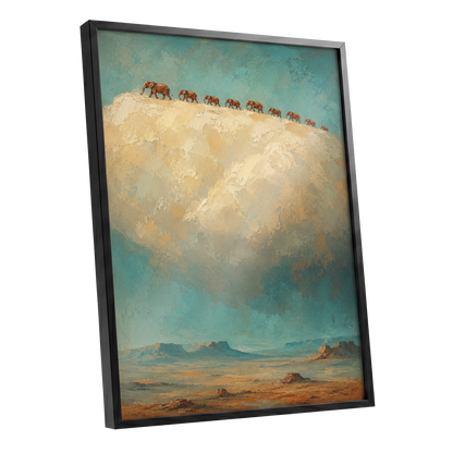 Skyward Procession, blue, beige, brown nature wall art shown as a black framed poster wall art print