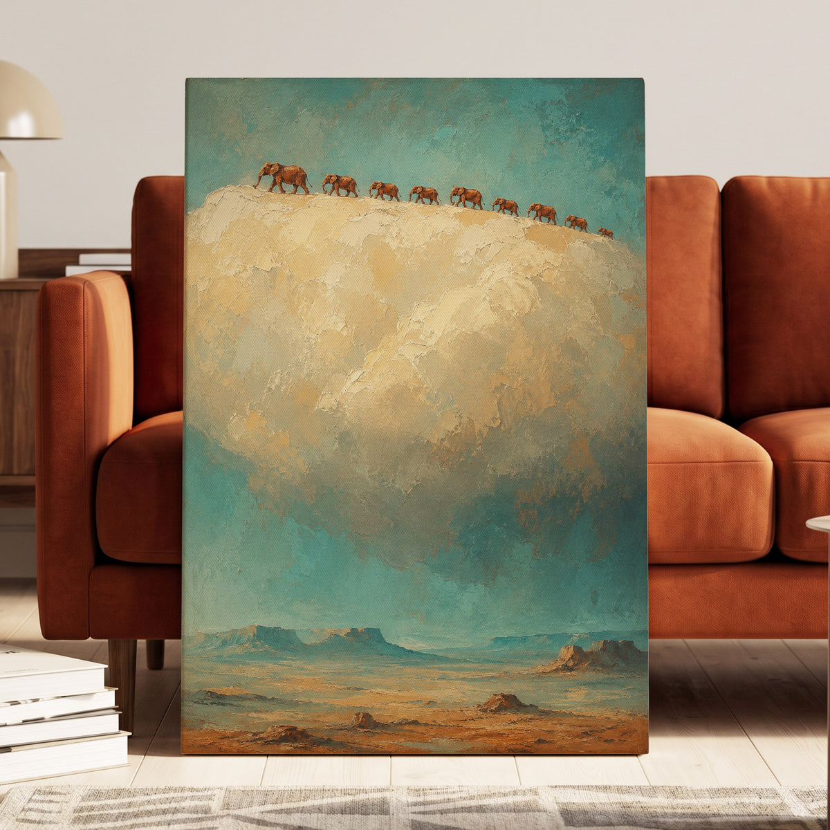 Skyward Procession, blue, beige, brown nature wall art on canvas displayed in a styled interior, gallery view 1
