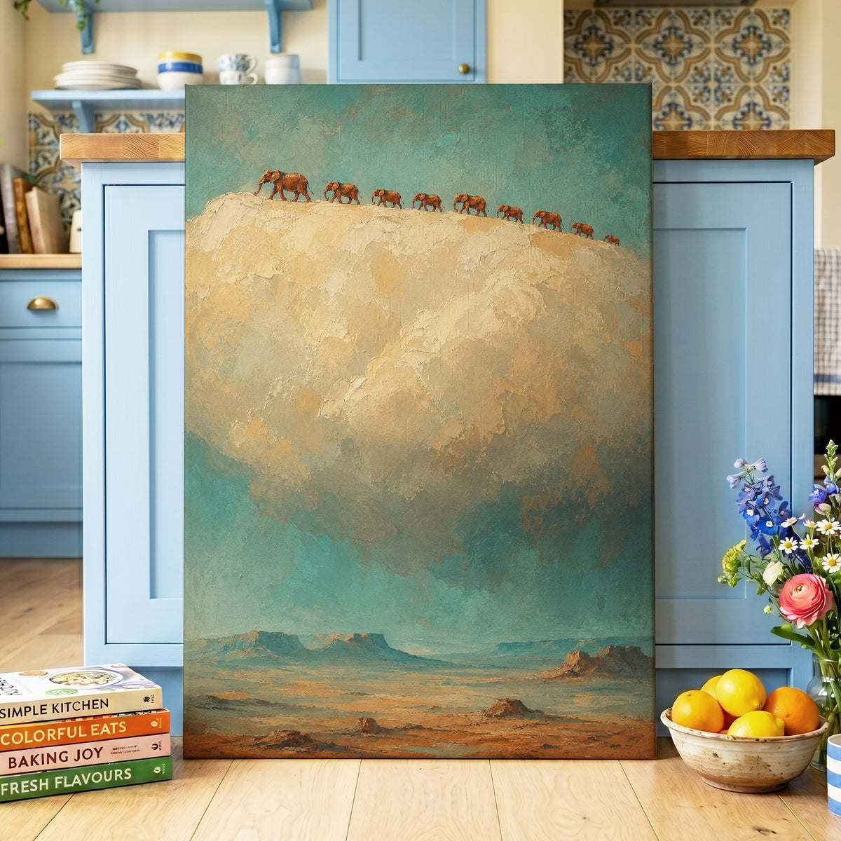 Skyward Procession, blue, beige, brown nature wall art on canvas displayed in a styled interior, gallery view 2