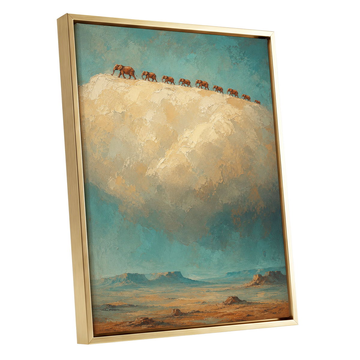 Skyward Procession, blue, beige, brown nature wall art shown as a gold framed canvas wall art