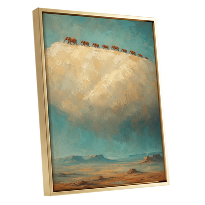 Skyward Procession, blue, beige, brown nature wall art shown as a gold framed canvas wall art