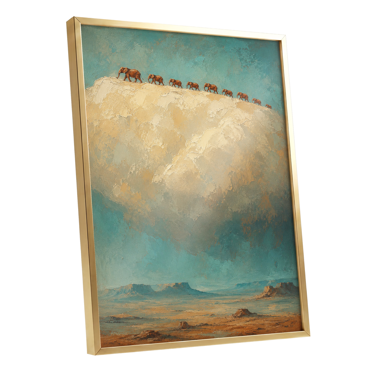 Skyward Procession, blue, beige, brown nature wall art shown as a gold framed poster wall art print