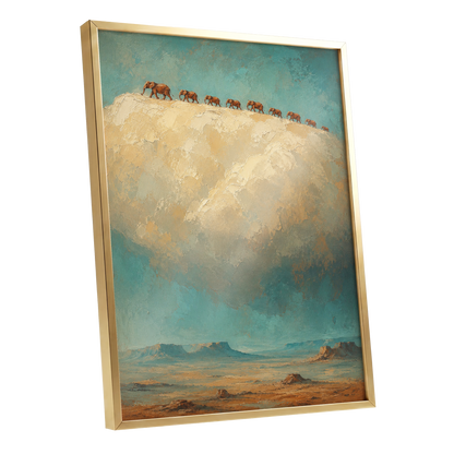 Skyward Procession, blue, beige, brown nature wall art shown as a gold framed poster wall art print