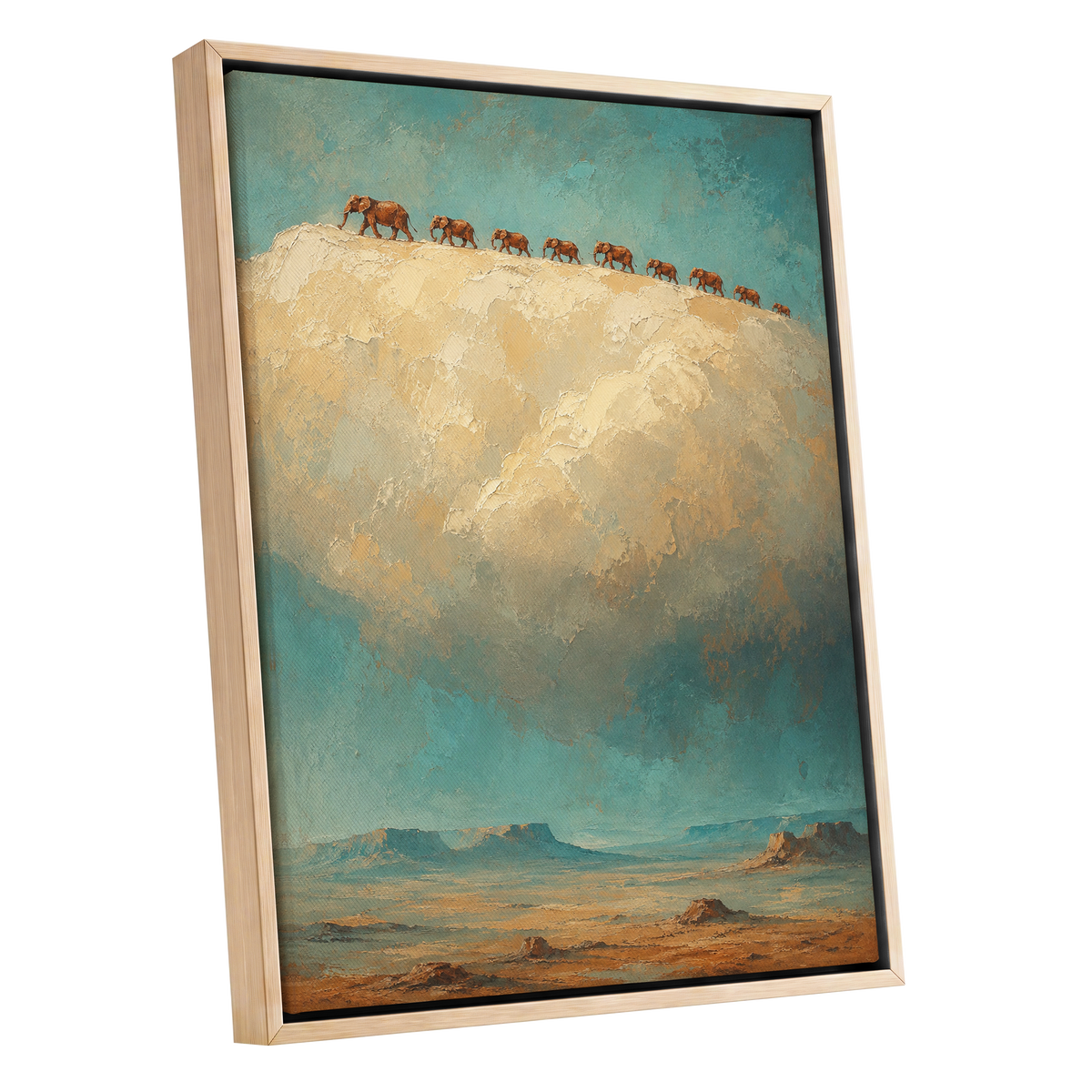 Skyward Procession, blue, beige, brown nature wall art shown as a oak framed canvas wall art