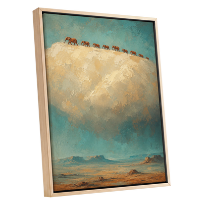 Skyward Procession, blue, beige, brown nature wall art shown as a oak framed canvas wall art