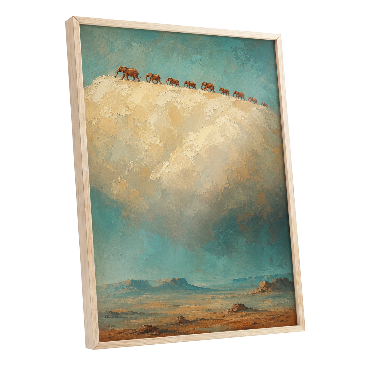 Skyward Procession, blue, beige, brown nature wall art shown as a oak framed poster wall art print
