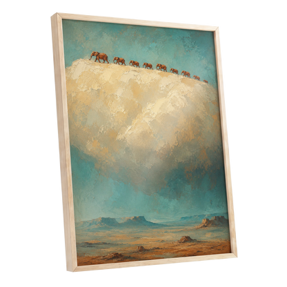 Skyward Procession, blue, beige, brown nature wall art shown as a oak framed poster wall art print