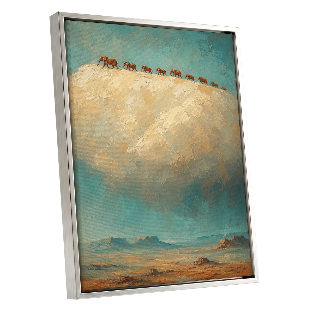 Skyward Procession, blue, beige, brown nature wall art shown as a silver framed canvas wall art